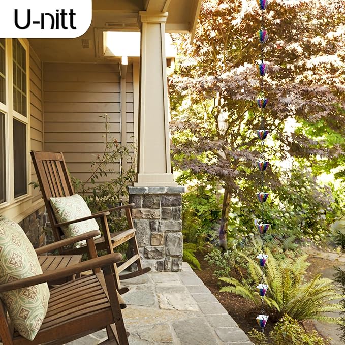 U-nitt Rain Chain Water Collection for Gutters Rainwater Catcher & Diverter, 8.5 FT Chains for Outside Garden, Rainbow Square Cups, Roof Downspout, Works with Heavy Rain, w/ Gutter Clip for Rainchains