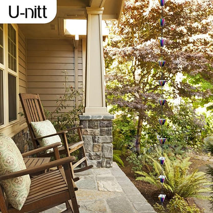 U-nitt Rain Chain Water Collection for Gutters Rainwater Catcher & Diverter, 8.5 FT Chains for Outside Garden, Rainbow Square Cups, Roof Downspout, Works with Heavy Rain, w/ Gutter Clip for Rainchains