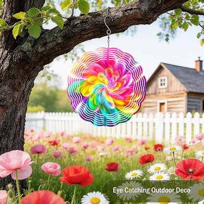 Wind Spinners Colorful Abstract Flower Art 9.8 x 9.8 Inch Metal Wind Spinner Outdoor Garden Yard Patio Decor Bright Rainbow Swirl Design Decorative Wind Spinners for Lawn Balcony