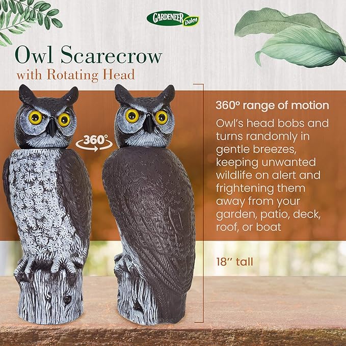 GARDENEER Dalen Rotating Head Great Horned Owl – 18" Life-Sized Garden Decoy – Bird & Pest Repellent – Weather-Resistant – Realistic, Hand-Painted Design – Outdoor Garden Scarecrow