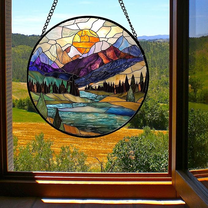 Stained Glass Window Hanging, Mountains River Trees Abstract Sunset Landscape Suncatcher for Doors Window Home Sun Catchers Decor Mother's Day Birthday Gifts for Women Men Mom 9.8 in
