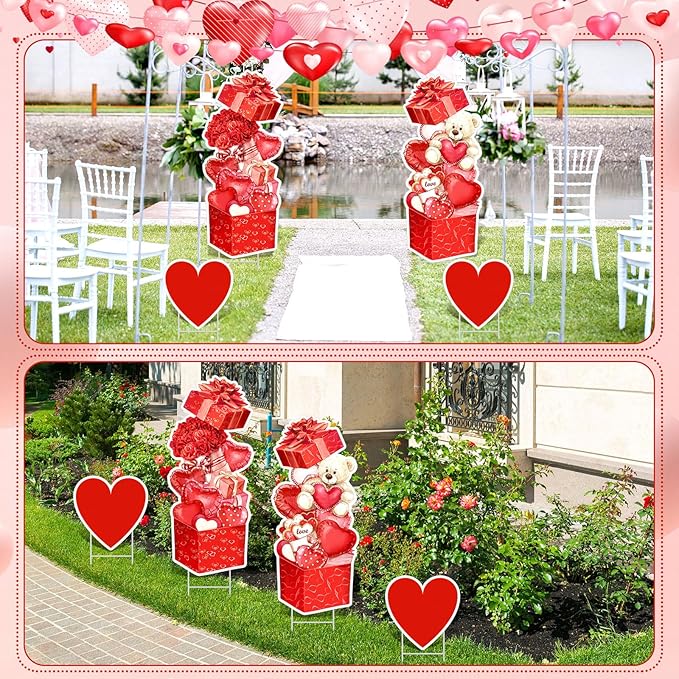 Yuntau 4 Pcs Valentine's Day Yard Signs Gift Box Outdoor Sign with Stakes Valentine Red Love Bear Heart Lawn for Holiday Pathway Lawn Stake Walkway Patio Party Wedding Anniversary Decor