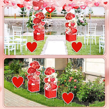 Yuntau 4 Pcs Valentine's Day Yard Signs Gift Box Outdoor Sign with Stakes Valentine Red Love Bear Heart Lawn for Holiday Pathway Lawn Stake Walkway Patio Party Wedding Anniversary Decor