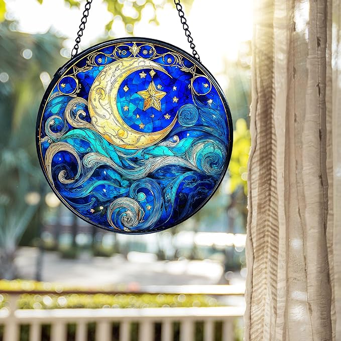 kdqua Moon and Star Suncatcher Stained Glass Window Hanging, Blue Celestial Astronomy Sun Catchers Indoor Window Glass Round Wall Decor, Moon and Stars Wall Art Hanging Decorations Statues, 7.9x7.9in