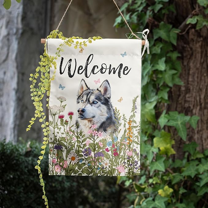 Spring Summer Garden Flag Floral Husky Yard Flag Flower Dog Garden Flags for Outside Small Outdoor Welcome Flags 12x18 Double Sided