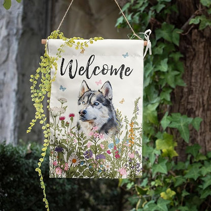 Spring Summer Garden Flag Floral Husky Yard Flag Flower Dog Garden Flags for Outside Small Outdoor Welcome Flags 12x18 Double Sided