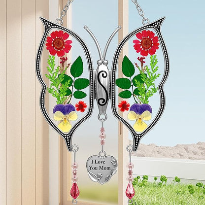 KY&BOSAM Metal Glass Butterfly Suncatcher with I Love You Mom Engraved Tag Real Preserved Dried Flower Window Hanging Ornament Garden Home Wall Decor Mother's Day Birthday Gift for Mom Grandma Nana