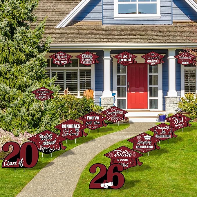 16 Pieces 2026 Graduation Yard Signs Plastic Congrats Grad Decor with 32 Stake and Ribbon Graduate Cap Hanging Yard Sign for Party Outdoor Lawn Pathway Walkway Decorations(Maroon)