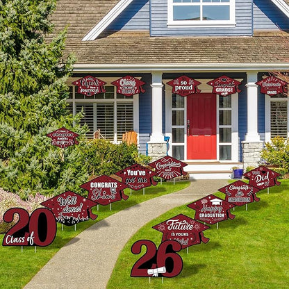 16 Pieces 2026 Graduation Yard Signs Plastic Congrats Grad Decor with 32 Stake and Ribbon Graduate Cap Hanging Yard Sign for Party Outdoor Lawn Pathway Walkway Decorations(Maroon)