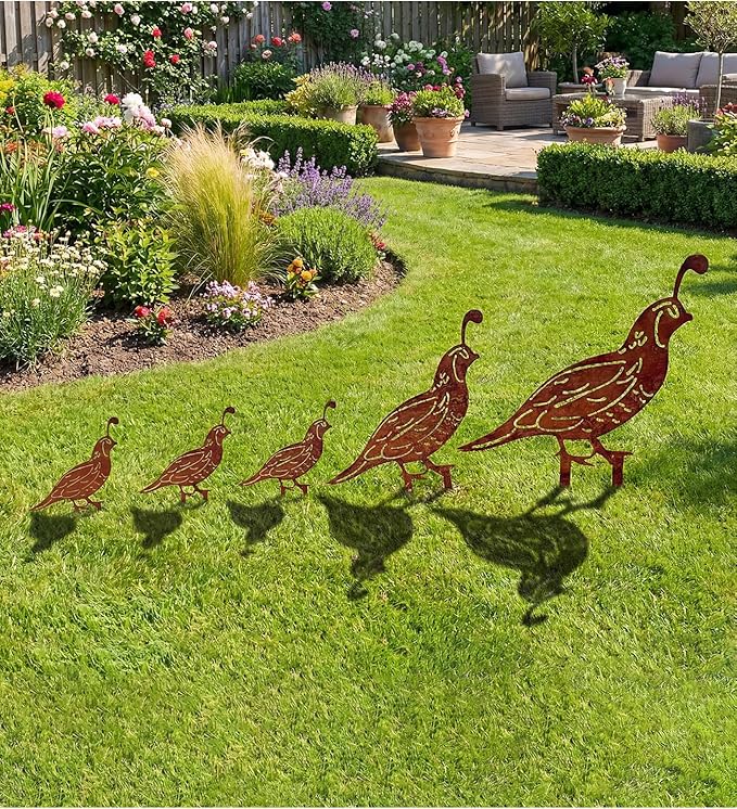 5PCS Metal Quail Yard Art Decor Stakes, Decorative Garden Stakes, Outdoor Clearance Large Rusty Metal Bird Animal Statues for Lawn Art