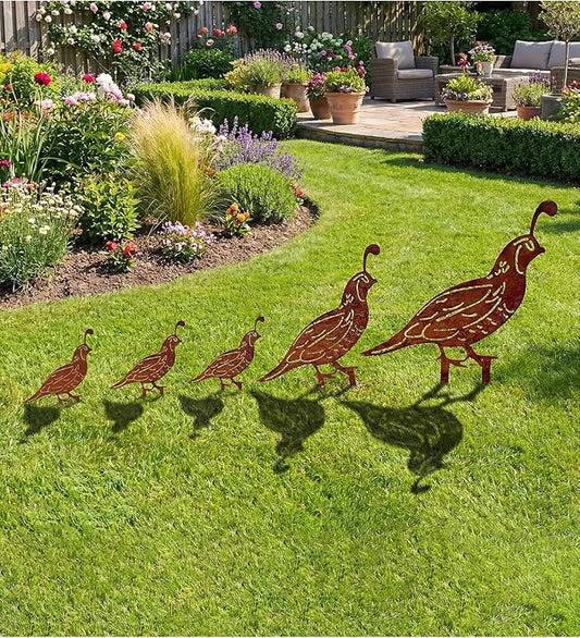 5PCS Metal Quail Yard Art Decor Stakes, Decorative Garden Stakes, Outdoor Clearance Large Rusty Metal Bird Animal Statues for Lawn Art