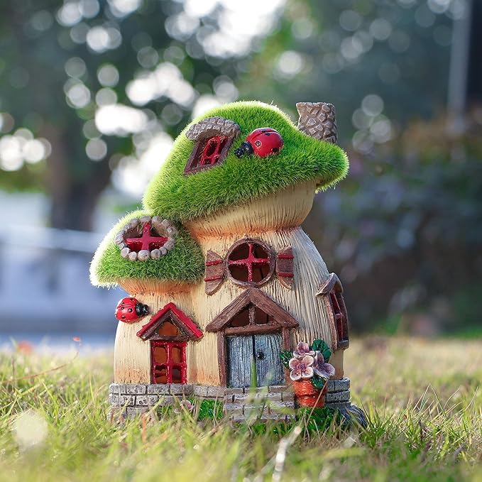 TERESA'S COLLECTIONS Mushroom Garden Statues with Outdoor Solar Light for Garden Decor, Green Flocked Decorations Resin Fairy House Accessories, Outdoor Decor Yard Gifts for Mom Women