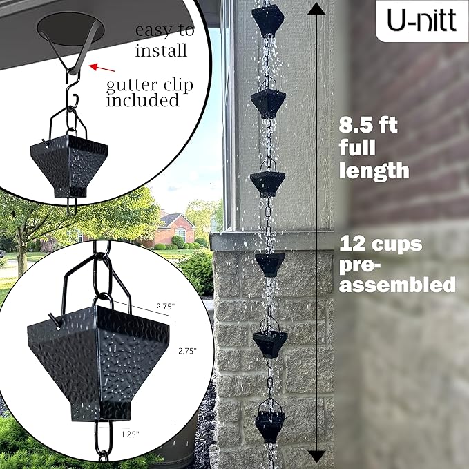 U-nitt Rain Chain Water Collection for Gutters Rainwater Catcher & Diverter, 8.5 FT Chains for Outside Garden, Black Square Cups, Roof Downspout, Works with Heavy Rain, w/Gutter Clip for Rainchains
