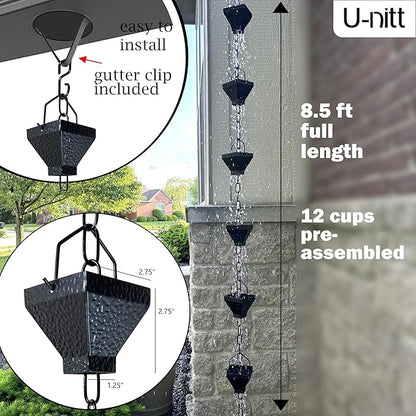 U-nitt Rain Chain Water Collection for Gutters Rainwater Catcher & Diverter, 8.5 FT Chains for Outside Garden, Black Square Cups, Roof Downspout, Works with Heavy Rain, w/Gutter Clip for Rainchains