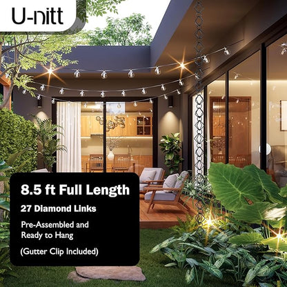 U-nitt Rain Chain Water Collection for Gutters Rainwater Catcher & Diverter, 8.5 FT Chains for Outside Garden, Black Diamond Link, Roof Downspout, Works with Heavy Rain, w/ Gutter Clip for Rainchains