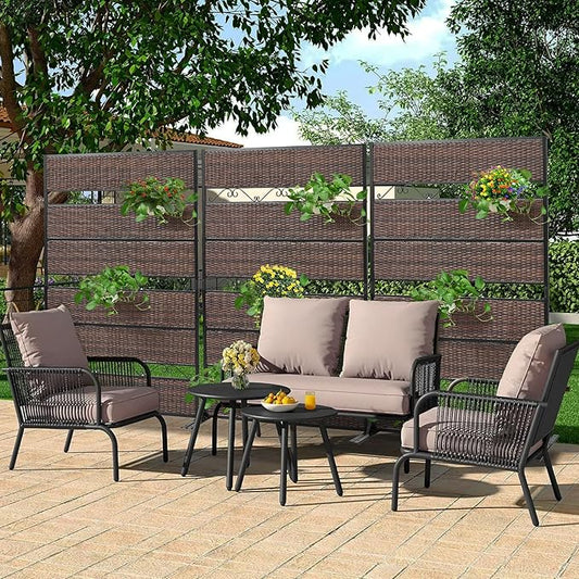 73" H×45" W Rattan Outdoor Privacy Screen Freestanding for Patio, Balcony Metal Privacy Screen and Room Divider for Garden, Apartment, Deck(Brown, 1 Panel)