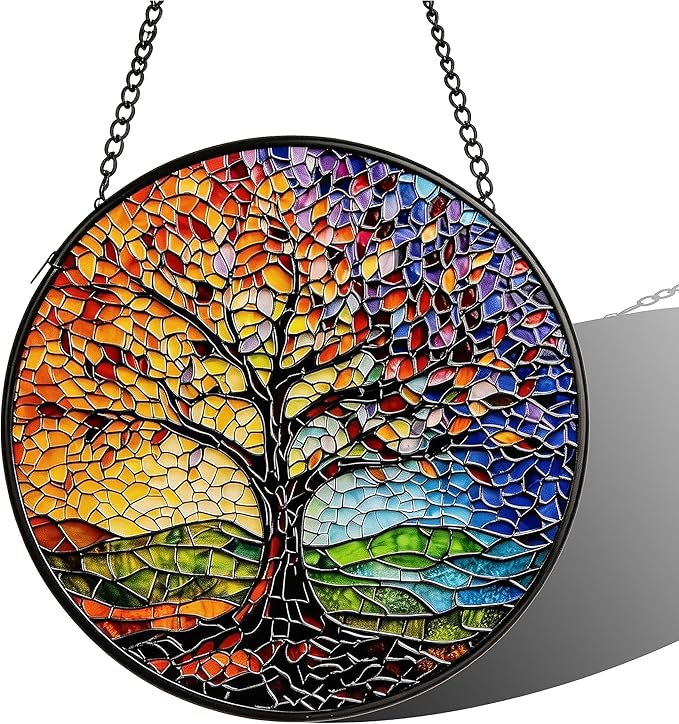 Sun Catcher Stain Glass,Colorful Tree of Life Suncatcher Stained Glass Decor for Window Hanging, Gardening Gifts for Women with 9.8 Inch