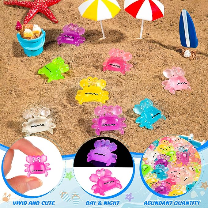 126PCS Luminous Mini Resin Crabs Cute Crab Figurines Glow in The Dark, Tiny Miniature Crabs Animals for Micro Moss Landscape Dollhouse Pots DIY Crafts Hidden Game (7 Colors)