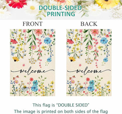Baccessor Spring Summer Welcome Floral House Flag 28x40 Inch Double Sided Large Yard Flag Outside Outdoor Seasonal Burlap Flowers Flags Home Patio Decoration