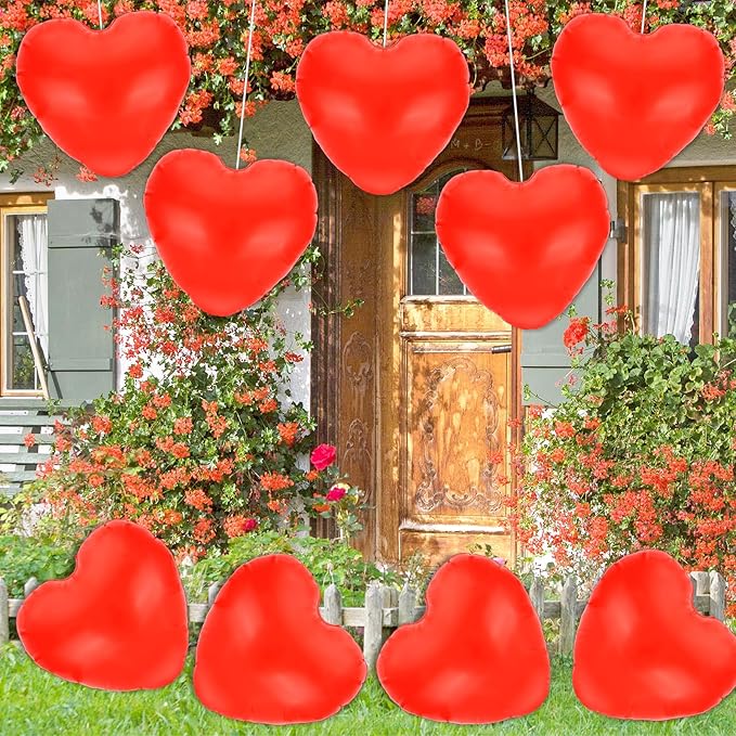JarThenaAMCS 11" Valentine's Day Inflatable Heart Balloon Red Heart Shape Blow Up Hanging Ornaments Decorations PVC Indoor Outdoor Decor for Wedding Garden Yard Lawn Party Supplies, 10Pcs