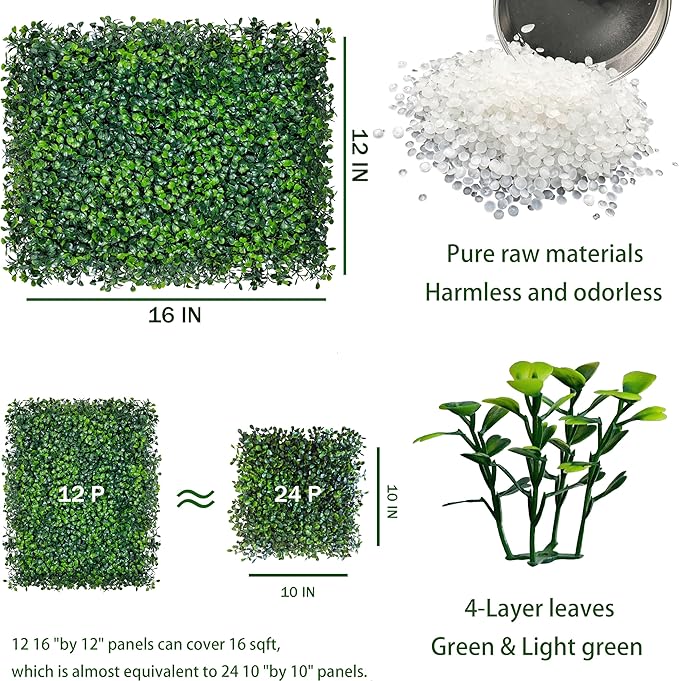 ODTORY Artificial Grass Wall Backdrop Panels,16 X 12 in 12P(16 sqft) UV-Anti Greenery Boxwood Panels for Indoor Outdoor Green Wall Decor & Ivy Fence Covering Privacy
