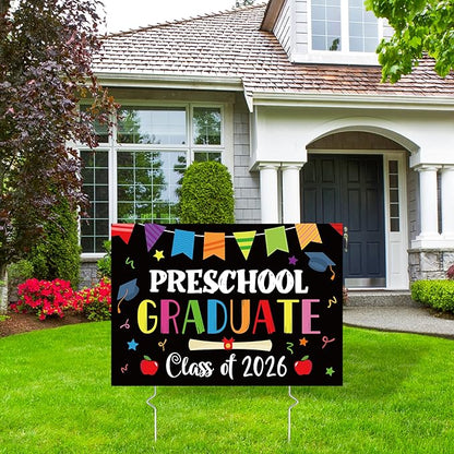 Preschool Grad Yard Sign Class of 2026 Kindergarten Graduate Lawn Sign with Stake School Congrats Graduation Decorations Colorful Graduation Party Favors Supplies Outdoor Photo Booth Props for Kids