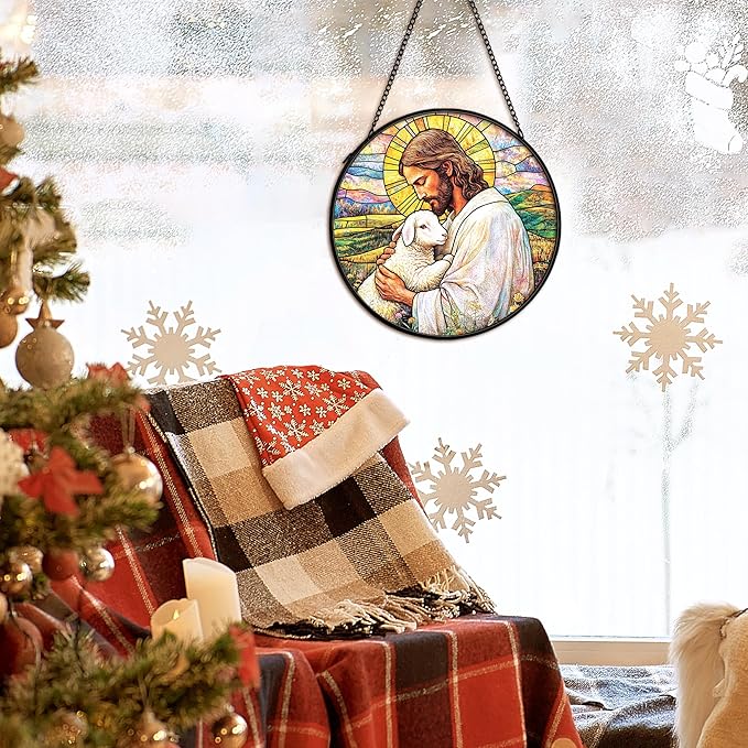 Christian Easter Jesus Lamb Suncatcher Stained Glass Window Hanging Wall Decor, Christian Easter Gifts for Women, the Lord is My Shepherd Sun Catchers Garden Lawn Window Hanging Art, 7.9x7.9In