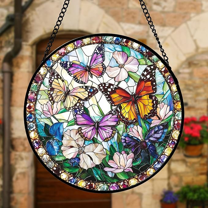 DASTOLL Stained Glass Window Hanging, Colorful Butterfly Suncatcher for Doors Home Sun Catchers Decoration and Christmas, Mother's Day Birthday Gifts for Women, Men, and Mom 9.8 in