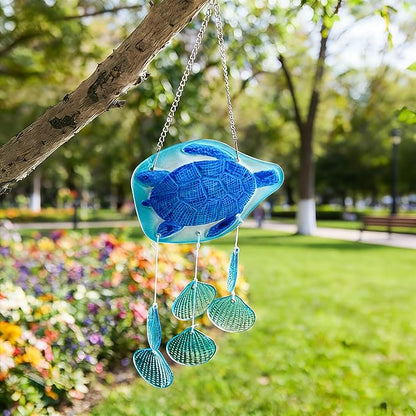 H&D HYALINE & DORA 20 Inch Glass Sea Turtle Wind Chimes Blown Glass Seashell Wind Chimes for Outside Handmade Wind Chime Decorative for Living Room, Bedroom, Beach House