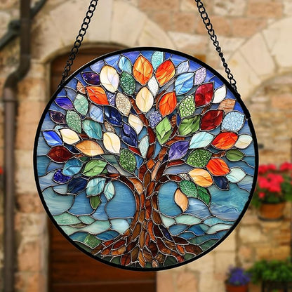 DASTOLL Stained Glass Window Hanging, Colorful Tree of Life Sun Catchers Glass Panel Blue Suncatcher Decor for Birthday for Women, Men, Wife, Aunt, and Mom 6.3 in