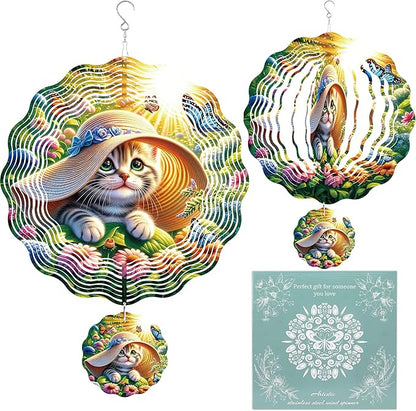Wind Spinner Hanging Outdoor Decor, 12 Inch 3D Cute Cat Metal Kinetic Wind Spinners for Garden Yard Patio, Stainless Steel Laser Cut Art Gifts for Women Cat Lovers Outdoor Decorations