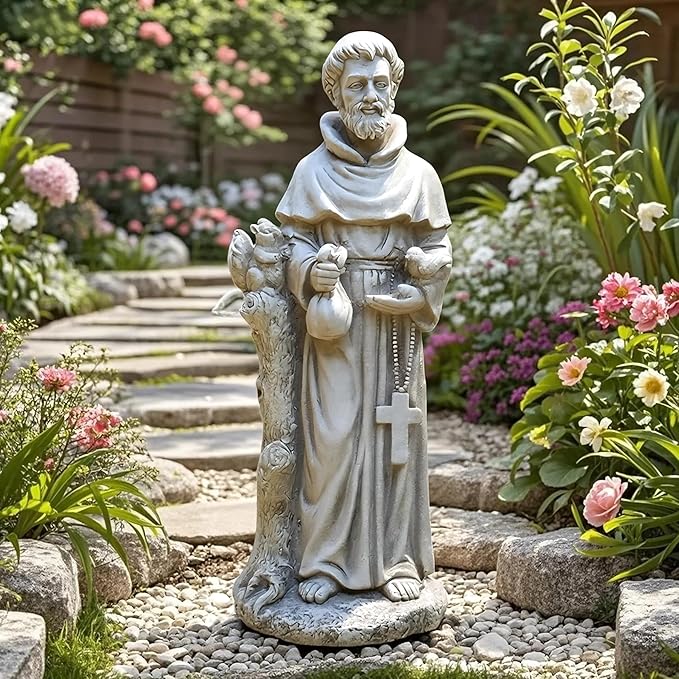 St Francis Garden Yard Decor Statues 30.7 Inch Saint Francis of Assisi Catholic Christian Lawn Patio Outdoor Sculptures Magnesium Oxide Stone Garden Art Decorations，Grey