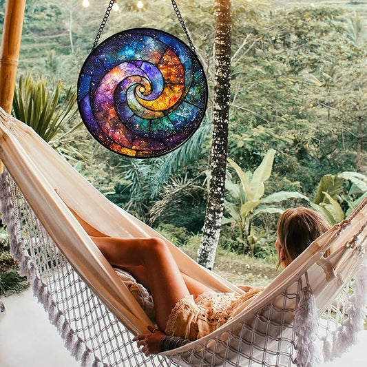 Stained Glass Window Hanging, Blue Orange Starry Sky Sun Catcher for Door Terrace Garden Home Decor, Abstract Universe Suncatcher Birthday Gifts for Lovers Women Men Dad Mom Nana 7.8 in