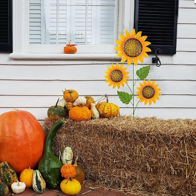 Glitzhome Thanksgiving Decorations Outdoor, 48" Metal Sunflower Yard Stake & Wall Hanging Sign for Happy Thanksgiving Autumn Fall Outdoor Decorations