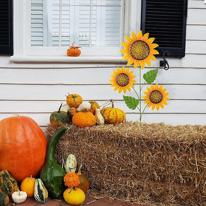 Glitzhome Thanksgiving Decorations Outdoor, 48" Metal Sunflower Yard Stake & Wall Hanging Sign for Happy Thanksgiving Autumn Fall Outdoor Decorations