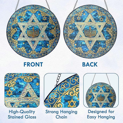 FLAGWIX Hanukkah Gifts for Women Men - Star of David Stained Glass Window Hanging 10 in - Hanukkah Sun Catcher Hanging Decor, Chanukah Suncatchers for Garden Decor, Religious Spiritual Gifts for Mom