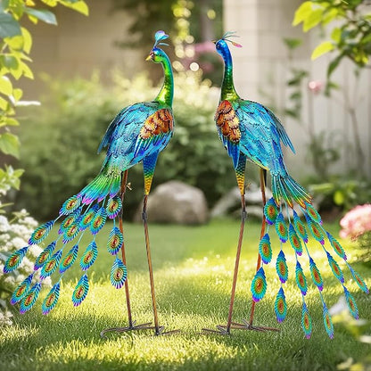 32" Oversized Peacock Decor Set of 2, Hand-Painted Metal Yard Art, Weatherproof Outdoor Garden Statues & Sculptures for Lawn, Flower Beds, Patio, Backyard or Indoor Kitchen & Home Decor