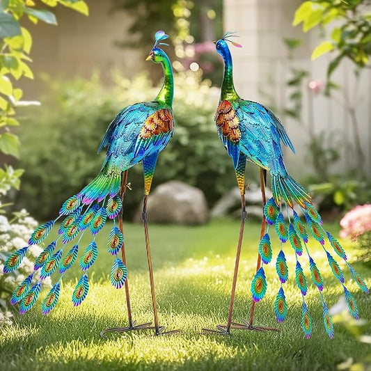32" Oversized Peacock Decor Set of 2, Hand-Painted Metal Yard Art, Weatherproof Outdoor Garden Statues & Sculptures for Lawn, Flower Beds, Patio, Backyard or Indoor Kitchen & Home Decor