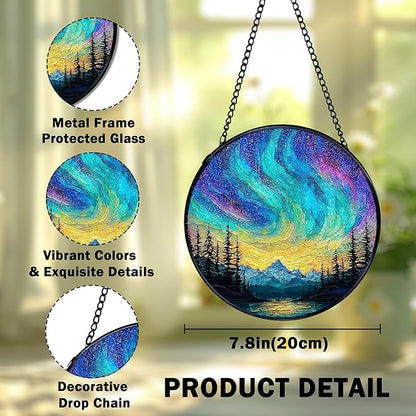 Nature Mountain Aurora Borealis Suncatcher Stained Glass Window Hanging, Northern Lights Sun Catchers Indoor Window Glass Wall Art Decor, Nature Wall Hanging Decor Decorations, 7.9x7.9 Inch