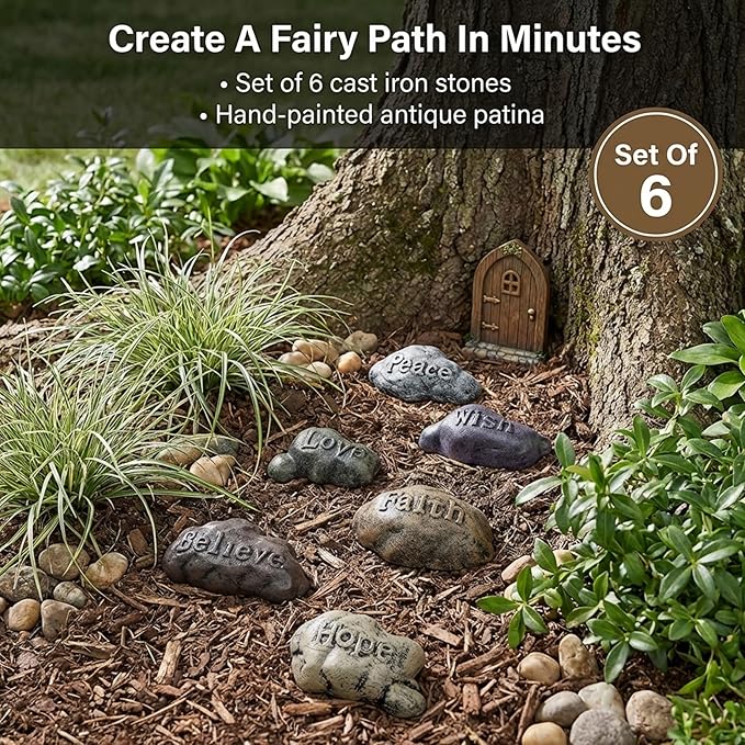 Lulu Decor, 100% Cast Iron Fairy Sayings Stepping Stones Garden Decor Fairy Garden Accessories (Set of 6)