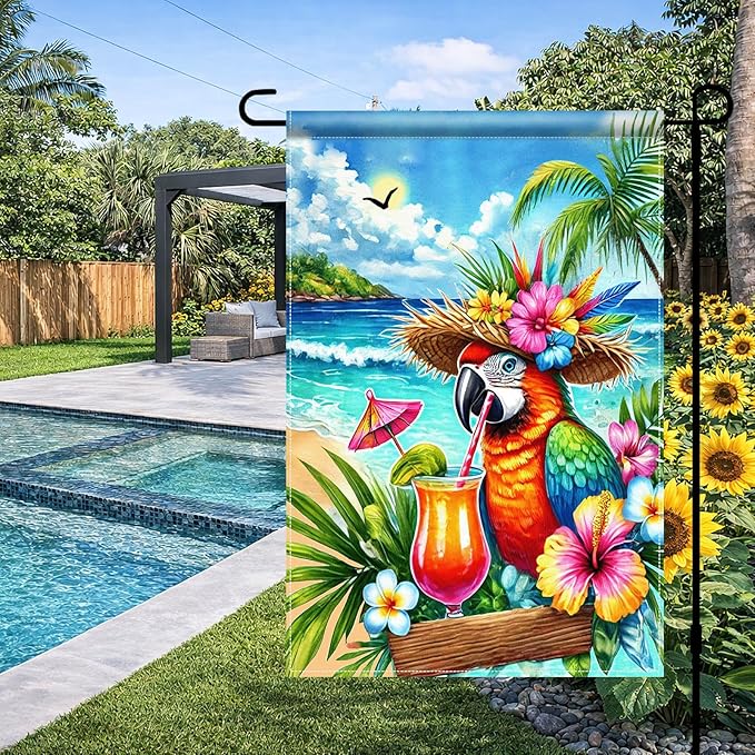 BlissYard Summer Parrot Garden Flag 12x18 Double Sided Tropical Bird Yard Flag Red Parrot Welcome Banner Outdoor Beach Palm Tree Decor Summer Garden Decorations for Home Lawn Patio Porch