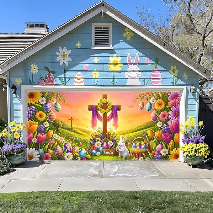 Easter Garage Door Banner 157.5x70.9in Large Spring Garage Door Cover Bunny Floral Outdoor Decorations for House Exterior Party Decor with Grommets Rope