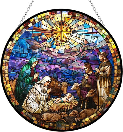 Stained Glass Suncatcher, Jesus and Lamp Nativity Sun Catcher Stain Glass Window Hanging Decoration Mother's Day Birthday Gifts for Lover Women Men Mom Nana 11.8 in