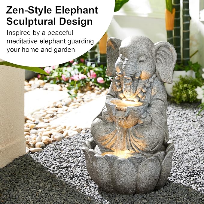 Glitzhome Outdoor Elephant Statues Garden Decorations 22" H, Zen-Style Meditative Elephant Sculpture Water Fountains LED Floor Standing Fountain Outside Elephant Statue with Birdbath for Yard Decor