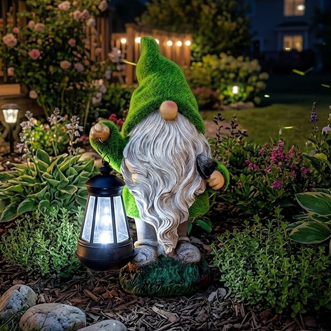 TERESA'S COLLECTIONS Christmas Outdoor Statue for Home, Resin Gnome Decorations with Solar Outdoor Lights for Garden Decor,Green Garden Sculptures & Statues for Front Patio Lawn, Gifts for Mom,12"
