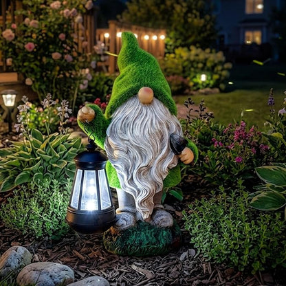 TERESA'S COLLECTIONS Christmas Outdoor Statue for Home, Resin Gnome Decorations with Solar Outdoor Lights for Garden Decor,Green Garden Sculptures & Statues for Front Patio Lawn, Gifts for Mom,12"