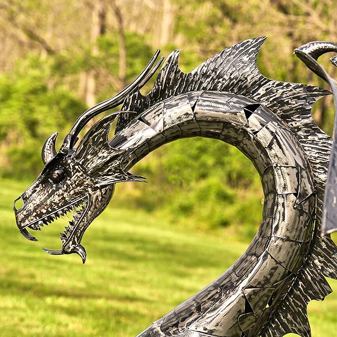 Zaer Ltd. Large Metal Dragon Statue, 89" L x 79" W x 73" H, Powder Coated (Metallic Silver)