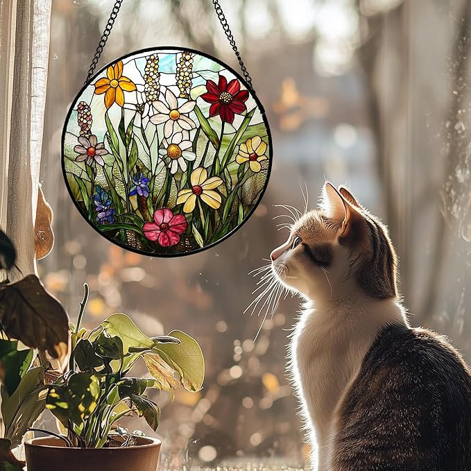 DASTOLL Stained Glass Window Hanging, Colorful Wildflowers Plant Scenery Suncatcher for Doors Window Home White Green Sun Catchers Decor Mother's Day Birthday Gifts for Women, Men Mom 7.8 in