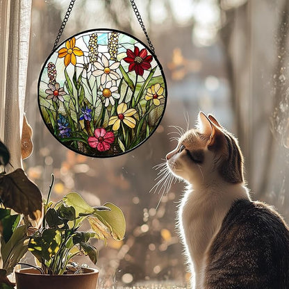 DASTOLL Stained Glass Window Hanging, Colorful Wildflowers Plant Scenery Suncatcher for Doors Window Home White Green Sun Catchers Decor Mother's Day Birthday Gifts for Women, Men Mom 7.8 in