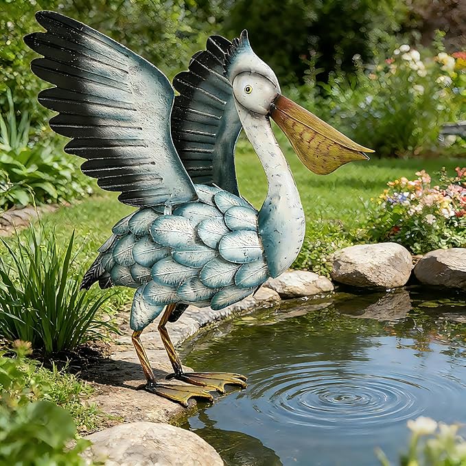 Metal Pelican Garden Staue, 18.5in Large Coastal Pelican Outdoor Yard Art Decor with Hand-Painted Blue & White Finish, Lifelike Bird Sculpture for Backyard Pond, Patio, Flowerbed or Home Decor